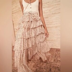 Ulla Johnson Malia Tiered Silk Chiffon Belted Skirt With Lurex Accents NWT